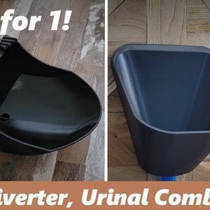 Puede incluir: ¡Dos por uno! Un desviador de urinario de plástico negro y un combo de urinario de plástico negro. El desviador tiene un gancho para colgar. El combo de urinario es una sola pieza.