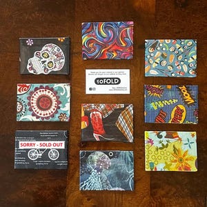 Slim minimalist wallet, billfold, sugar skulls, jellyfish, cowboy boot, vintage paisley, sushi, psychedelic, comics, whimsical