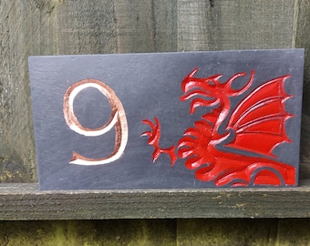welsh Slate house number with dragon