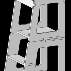 May include: A light gray, two-tiered step stool constructed from flat, interlocking panels. The structure features a tall, open-frame design with rectangular cutouts on the sides and horizontal platforms at two different heights for stepping.