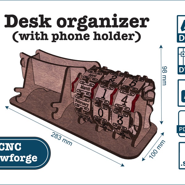 Wooden desk organizer with pen holder and phone stand. Digital cut file for cnc, laser cuter and glowforge.