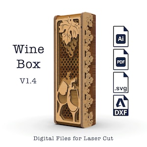 Fichier de coupe svg de boîte à vin V1.4, modèle en contreplaqué de 3 mm/4 mm conçu pour la taille standard de la bouteille de bordeaux, fichier prêt pour glowforge