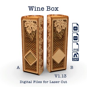 Houten wijngeschenkdoos met venster V1.13, lasergesneden vijlen voor 3 mm en 4 mm multiplex, standaard bordeaux fles. CNC-svg-bestand.