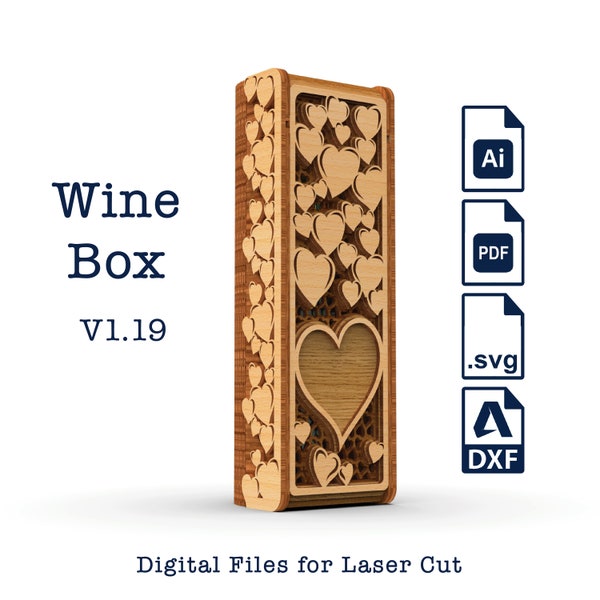 Wooden wine gift box with window V1.19, laser cut files for 3mm and 4mm plywood, standard bordeaux bottle. Cnc svg file.