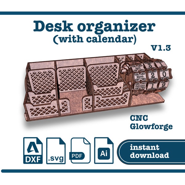 Wooden desk organizer with vizit card holder, pencils holder, sticky notes 3x3 inch. Digital cut file for cnc, laser cuter and glowforge.