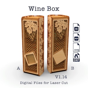 Houten wijngeschenkdoos met venster V1.14, lasergesneden vijlen voor 3 mm en 4 mm multiplex, standaard bordeaux fles. CNC-svg-bestand.