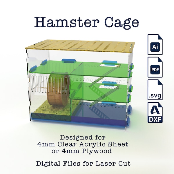 Jaula de hámster con rueda para correr, archivo cortado con láser diseñado para lámina de acrílico transparente de 4 mm o madera contrachapada de 4 mm. Archivo vectorial para cnc.