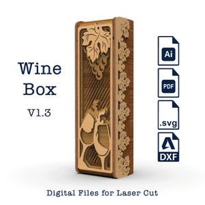Caixa de vinho de casamento com janela V1.3, arquivos svg glowforge. Contraplacado de 3 mm e 4 mm, lima de corte a laser CNC para madeira. Plano de caixa para garrafa de vinho.