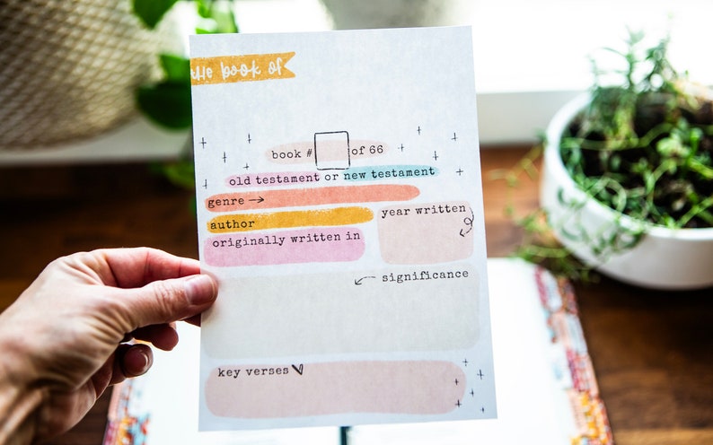 May include: A printable worksheet for studying the Bible. The worksheet has a title "The Book of" and includes sections for the book number, Old or New Testament, genre, author, year written, originally written in, key verses, and significance.