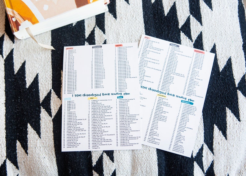 May include: A printable Bible reading plan for one year, with a chronological order of reading. The plan is divided into months, with each month having a list of Bible verses to read each day. The plan is printed on white paper with blue, yellow, and pink highlights.