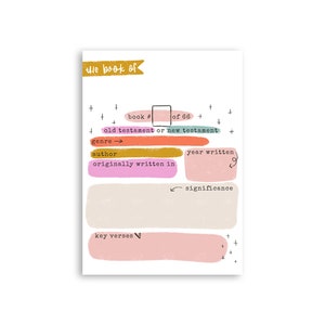 May include: A printable worksheet with colorful boxes for recording information about books of the Bible. The worksheet includes the book number, testament, genre, author, year written, originally written in, significance, and key verses.
