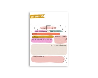 May include: A printable worksheet with colorful boxes for recording information about books of the Bible. The worksheet includes the book number, testament, genre, author, year written, originally written in, significance, and key verses.