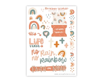 May include: A sticker sheet with a rainbow theme. It features rainbows, clouds, hearts, crosses, and the text "Rainbow Wishes", "This Life Verse", "No Rain, No Rainbow", and "Faith Like Noah".