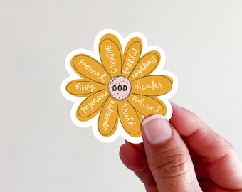 Characteristics of God Yellow Flower Vinyl Sticker Christian Vinyl Sticker - perfect for laptops, tumblers, journals