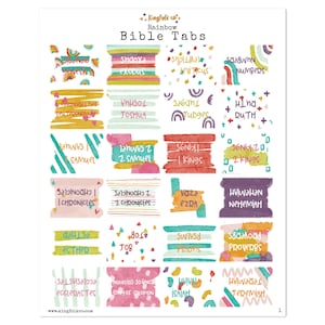 May include: A set of colorful Bible tabs with watercolor-style designs. Each tab features the name of a book of the Bible, such as Genesis, Exodus, Leviticus, and Numbers.