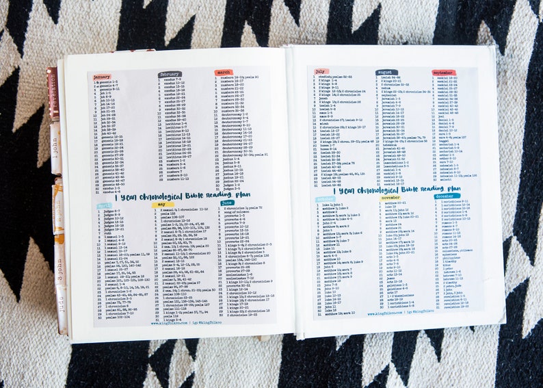 May include: A close-up of a white planner with a 1 year chronological Bible reading plan. The planner is open to the months of May, June, July, August, September, and October. Each month has a list of Bible verses to read each day.