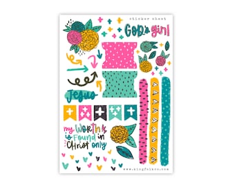 May include: A sticker sheet with a variety of colorful stickers, including flowers, arrows, crosses, and text. The text includes "God's girl", "Jesus", and "my worth is found in Christ only".