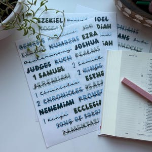 May include: A set of stickers with the names of books from the Bible. The stickers are printed on white paper and have a blue, green, and white color scheme. The stickers are arranged in rows and columns. The stickers are designed to be used for personalizing Bibles or journals.