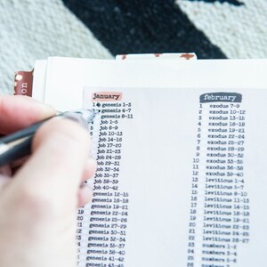 May include: A close-up of a calendar with the months January, February, and March listed. The days of the month are numbered and each day has a corresponding Bible verse listed next to it.