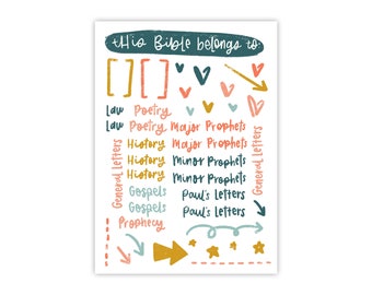 May include: A white card with the text "this Bible belongs to" and two square brackets. The card is decorated with hearts, stars, and arrows. The text "Law, Poetry, Major Prophets, History, Minor Prophets, Gospels, Paul's Letters, Prophecy" is written on the card in different colors.