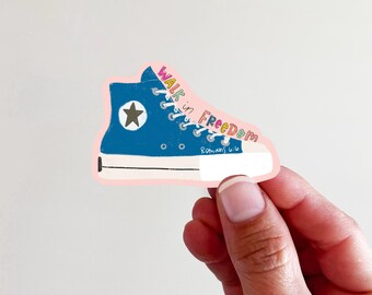 Walk in Freedom Romans 6:6 Blue Shoe  Vinyl Sticker Christian Vinyl Sticker - perfect for laptops, tumblers, journals