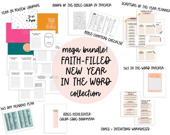 May include: A printable bundle of faith-filled new year resources. The bundle includes a year in review journal, a 365 day reading plan, a scripture of the year planner, a bible chapters checklist, a bible highlighter, a 365 in the word tracker, and goals and intentions worksheets.