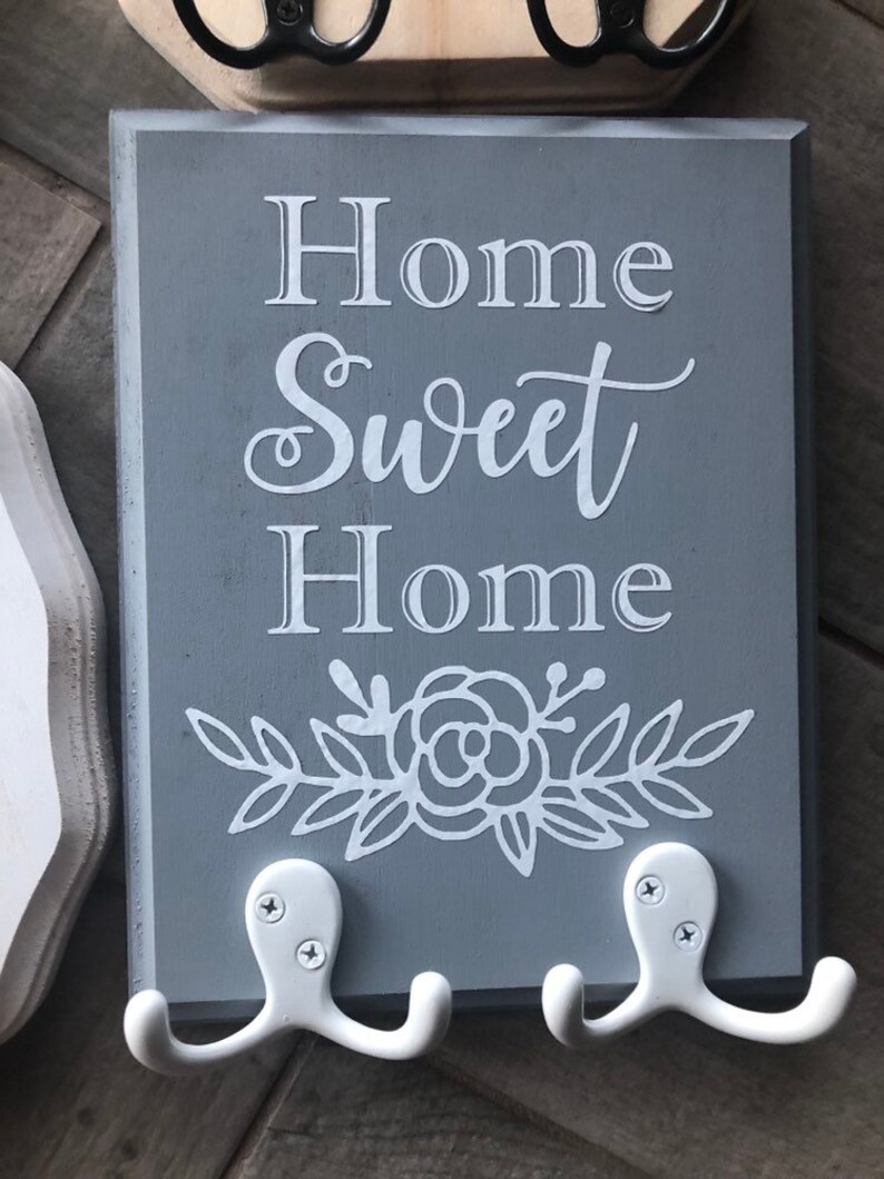 Home Sweet Home Wall Plaque With Key Hooks Farmhouse Decor Etsy