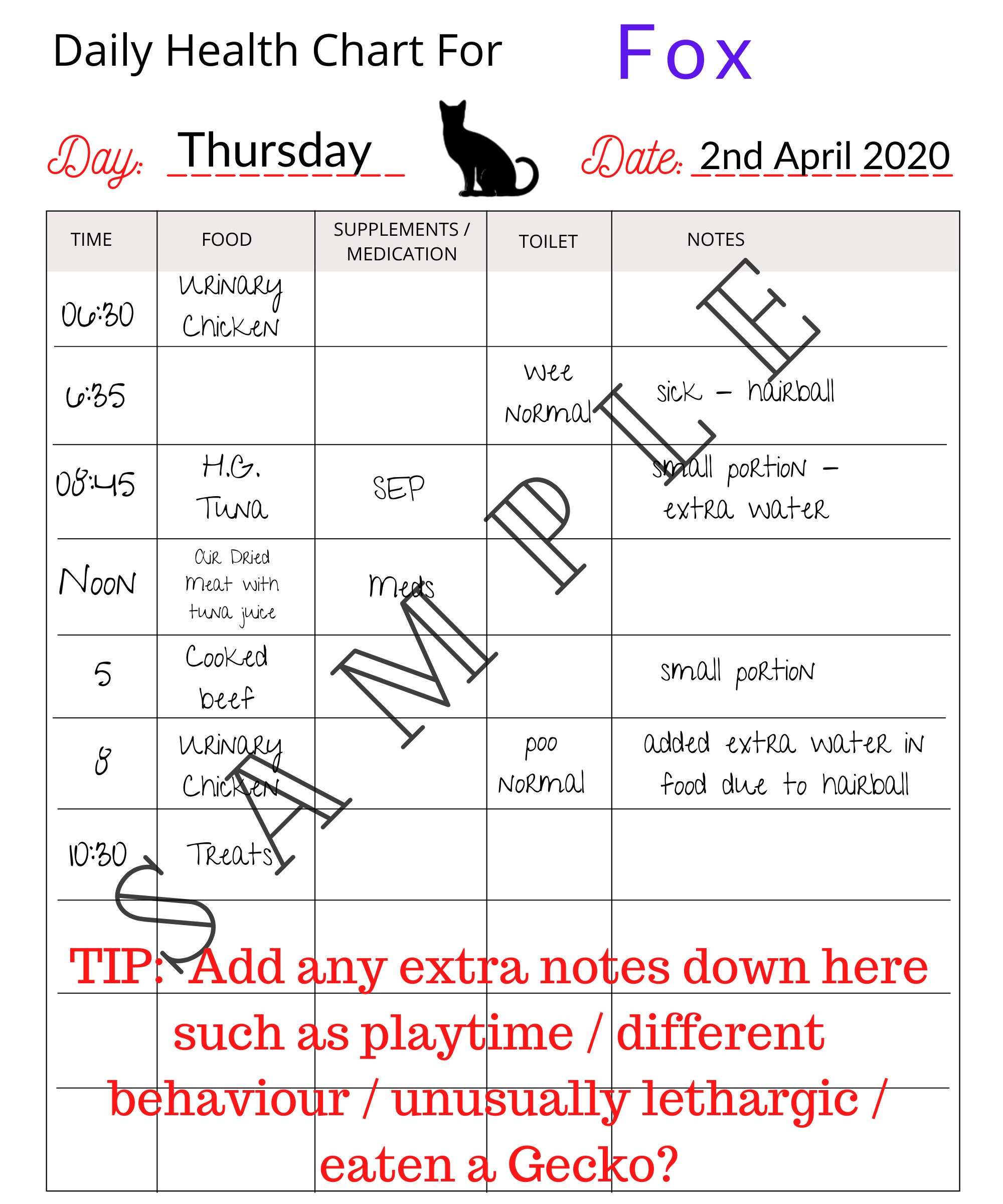 Printable Journal For Cats Cat Daily Health Tracker Pets Etsy