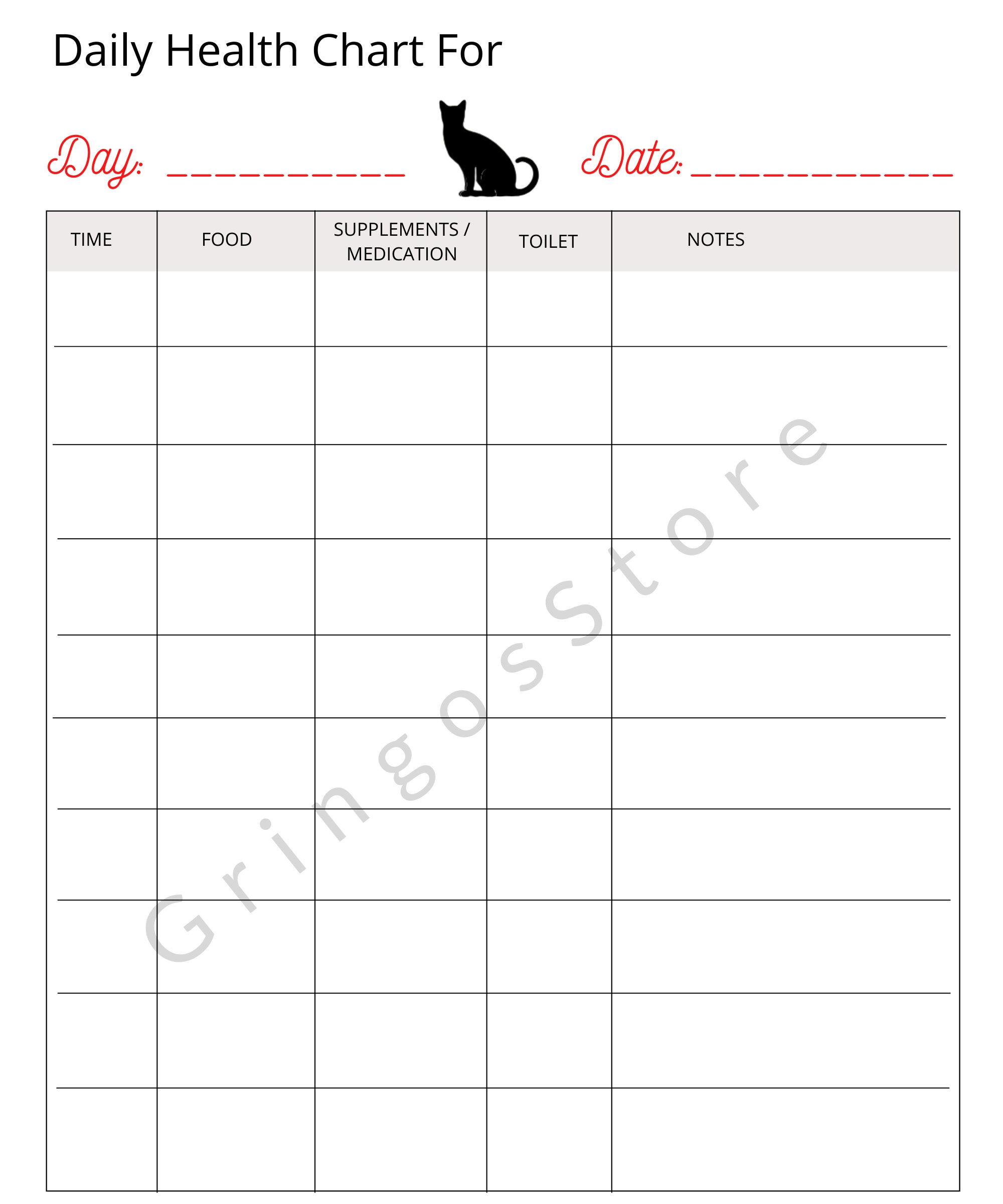 Printable Daily Cat Health Tracker Medical Journal Record Etsy