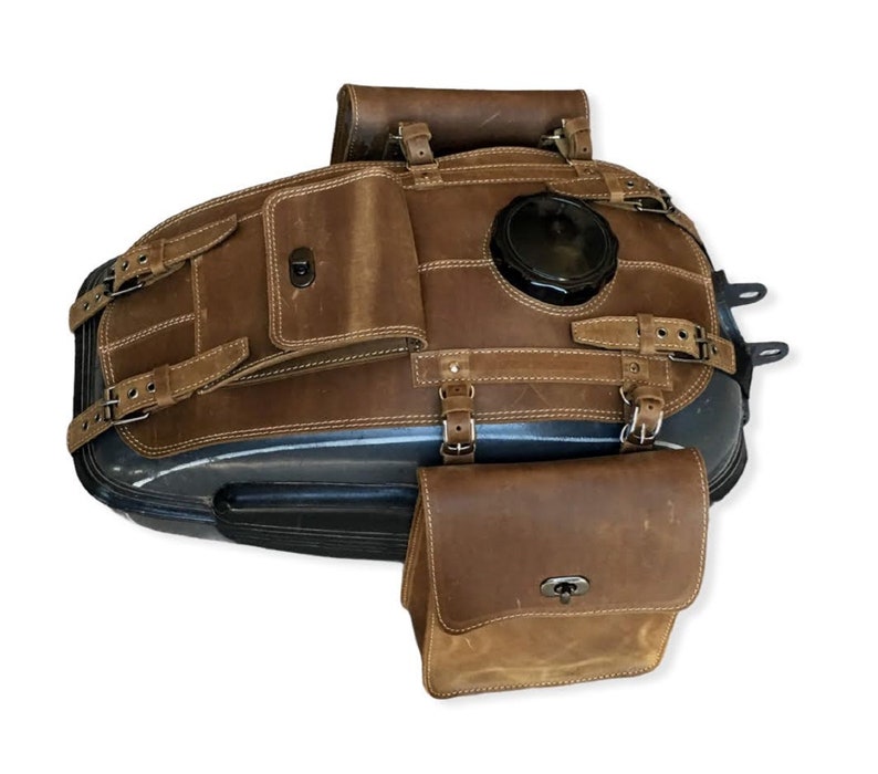 URAL fuel tank gas bags Genuine Leather 1 pocket and 2 detachable bags Brown Olive