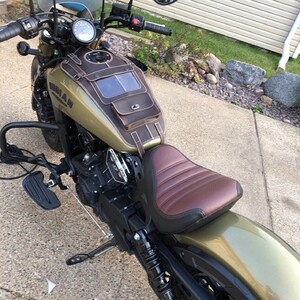 Fuel gas tank cover for Indian Scout, 1 pocket with transparent window plus 1 pocket, 2 detachable side bags, Genuine Leather Brown Olive