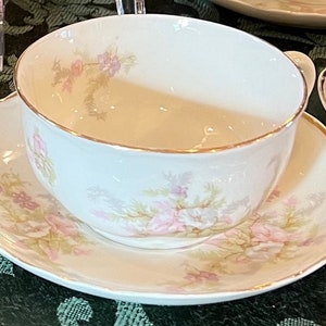 May include: A white teacup and saucer set with a floral design in pink and green. The edges of the cup and saucer are trimmed with gold. The set is designed for tea or coffee service.