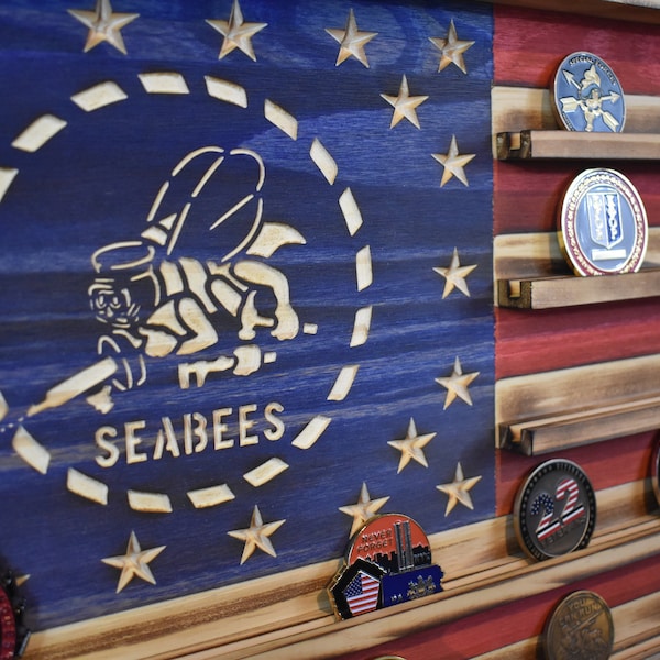 US Navy Seabees Challenge Coin Display Rack Holder - Rustieke Amerikaanse vlag - Navy Seabees Coin Display, Pensioencadeau, Veteranengeschenken