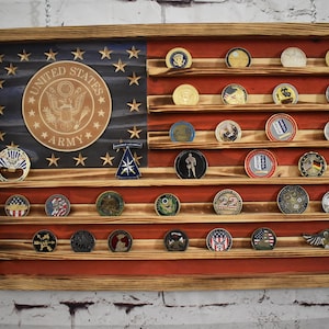 US Army Challenge Coin Display Rack Holder - Rustic Army American Flag - Military Coin Display - Laser engraved emblem