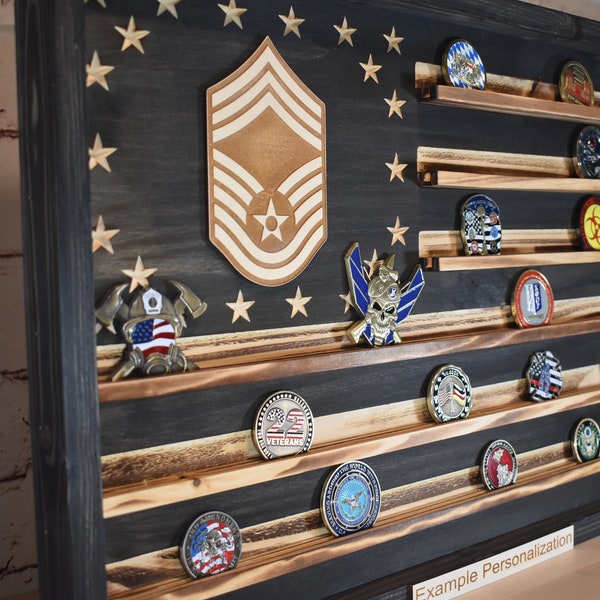 US Air Force Ranks CMSgt E-9 Challenge Coin Display Rack Holder - Rustic American Flag - TSgt, SMSgt, MSgt