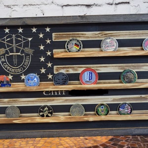 Special Forces Rustic Challenge Coin Display Rack Holder - Rustic De Oppresso Liber American Flag - Military Coin Display