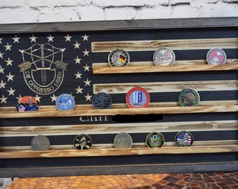 Special Forces Rustic Challenge Coin Display Rack Holder - Rustic De Oppresso Liber American Flag - Military Coin Display