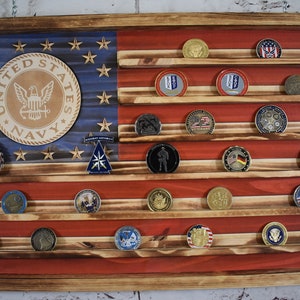 Navy Challenge Coin Display Rack Holder - Rustic US Navy American Flag - Military Coin Display