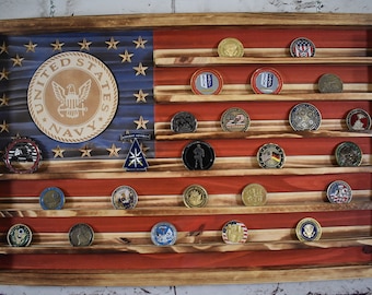 Navy Challenge Coin Display Rack Holder - Rustic US Navy American Flag - Military Coin Display - Retirement Gift - Veteran Gifts