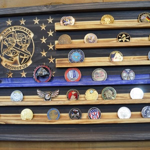 Saint Michael Thin Blue Line Coin Display Rack Holder - Rustic Police American Flag Coin Display