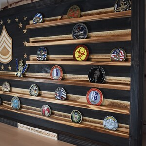 US Army Ranks Challenge Coin Display Rack Holder Rustic American Flag ...