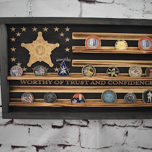 Custom Coin Display Rack Holder - Rustic American Flag Coin Display - Laser engraved custom logo