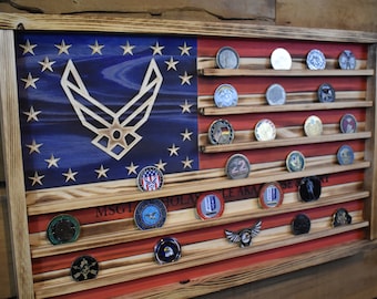 US Air Force Challenge Coin Display Rack Holder - Rustic DD214 American Flag - USAF Military Coin Display, Retirement Veterans Gifts
