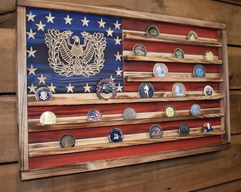 US Army Warrant Officer Challenge Coin Display Rack Holder - Rustic American Flag - Military Coin Display, Veterans Gift, Retirement Gift