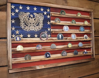 US Army Warrant Officer Challenge Coin Display Rack Holder - Rustic American Flag - Military Coin Display, Veterans Gift, Retirement Gift