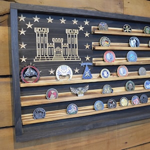 US Army Corps of Engineers Castle Challenge Coin Display Rack Holder - Rustic Army Engineer Castle American Flag - Military Coin Display
