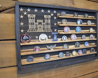 US Army Corps of Engineers Castle Challenge Coin Display Rack Holder - Rustic Army Engineer Castle American Flag - Military Coin Display