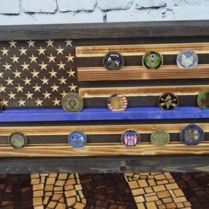 Thin Blue Line Coin Display Rack Holder - Rustic Police American Flag Coin Display