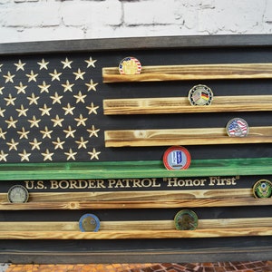 Thin Green Line Coin Display Rack Holder - Rustic CBP Special Agent, Border Patrol American Flag Coin Display, Customs and Border Gift