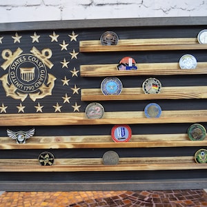 US Coast Guard Challenge Coin Rack Holder - Rustic Coast Guard American Flag - Military Coin Display, Retirement Gift, Veterans Gifts